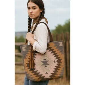 Aztec Print Woven Saddle Blanket Tote Bag Purse South Western Bohemian Boho